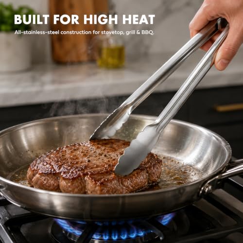 OYV Seamless Tongs for Cooking, One-Piece Design, Durable Heat Resistant Stainless Steel Tongs for Kitchen, Grill, BBQ, Salad, Dishwasher Safe, Metal Tongs Set (12" & 9") - color: Platinum Silver