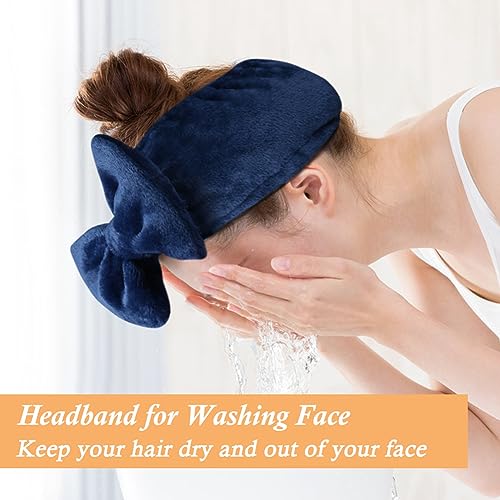 Shintop Soft Face Wash Headband with Cute Bow for Makeup Spa（Navy blue） - color: Navy blue
