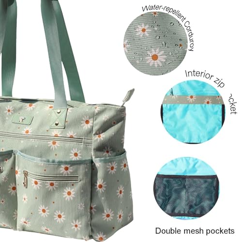 Weekender Bag Carry On Bag Overnight Tote Travel Duffle with 13 Pockets for Travel,Work，Gym,Beach,Teacher,Nurse - color: Corduroy matcha daisy