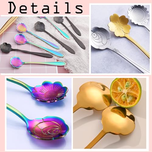 12 Pcs Flower Coffee Tea Spoons Set with Storage Bag, 4 Long & 8 Short Stainless Steel Teaspoons for Sugar Dessert Ice Cream Stirring, Cute Fancy Tableware for Tea Party Kitchen Cafe Bar(Black) - style: Black