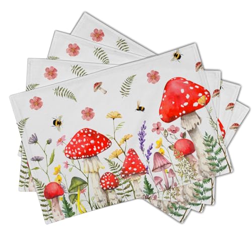 Mushroom Plants Placemats Set of 4，Rustic Wildflowers Heat Resistant Washable Place Mats 12x18 Inch Farmhouse Decor Table Mats for Party Kitchen Dining Indoor Outdoor - color: Mushroom