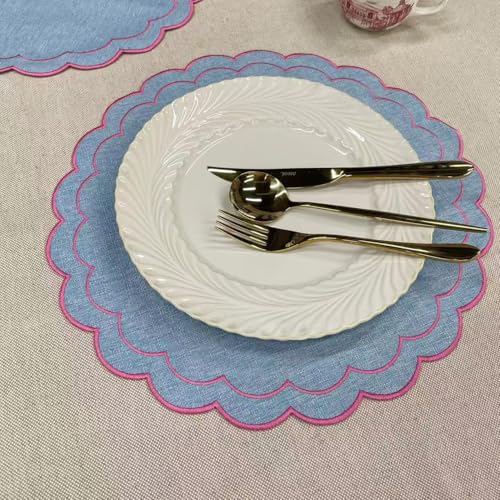 Linen Cotton Placemats Set of 4 Scalloped Flower Embroidery Place Mats 15'' Natural Linen Texture Fabric Machine Washable Table Mats for Restaurant Kitchen,Table Decor(Blue) - color: Blue