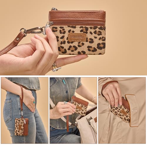 Wrangler Small Wallet for Women Leopard Print Wristlet Wallets Mini Change Pouch Brown - color: Leopard Print Brown