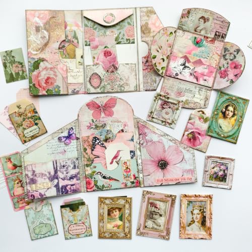 ZHIJIANHZ Junk Journal Kit Pink Romantic Ephemera Set for Scrapbooking - color: Reverie_Romance