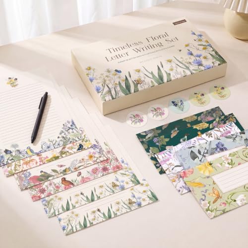 Thboxes Stationary Set Letter and Envelopes, 48 Letter Writing Paper with 24 Envelopes & 24 Stickers, Elegant Floral Stationery Set for Handwritten Letters Party Invitations