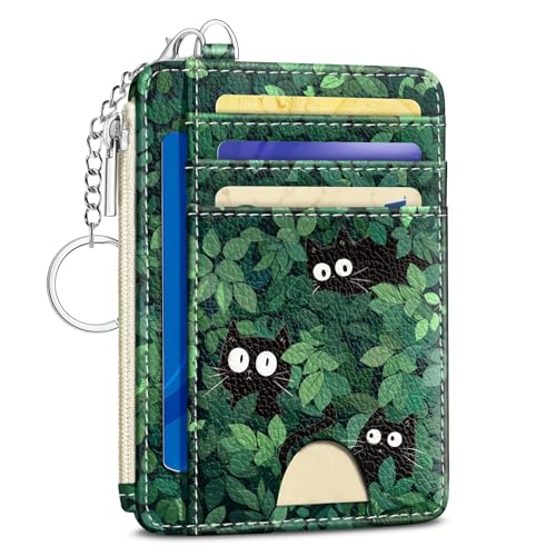 Kelvoris Credit Card Holder Small Wallet Women, Slim RFID, Black Cat Leave - color: Cat