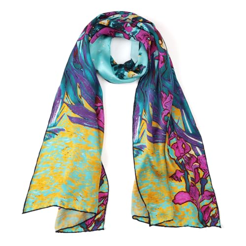 JWSilk Long Charmeuse Silk Scarf Classic Art Print - color: Purple Iris By Van Gogh