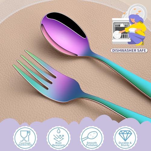 DEHOV Rainbow Toddler Eating Utensils Set,Set Of 12 Food Grade Stainless Steel Silverware Sets For Kids,Dishwasher Safe Children Small Metal Spoons And Forks Flatware Sets - color: Rainbow