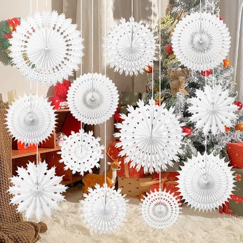 NOVWANG Snowflakes Hanging Decorations, 12Pcs White Paper Fans - style: Snowflake