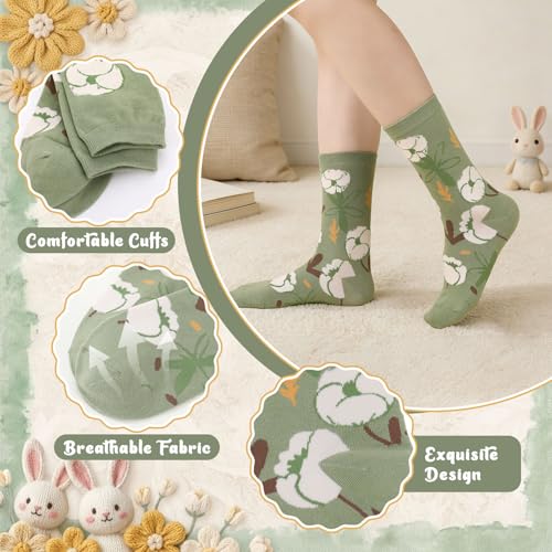 5/6 Pair Crew Socks for Women Floral Socks - color: Green White