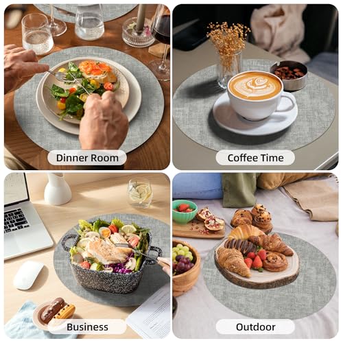 Placemats Set of 6, 15 Inch Round Faux Leather Place Mats - color: R-grey