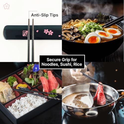 Portable Bamboo Chopsticks with Case – Reusable Travel Chopsticks Utensil Set, Dishwasher Safe, Sakura Pattern, Made in Japan - color: Black