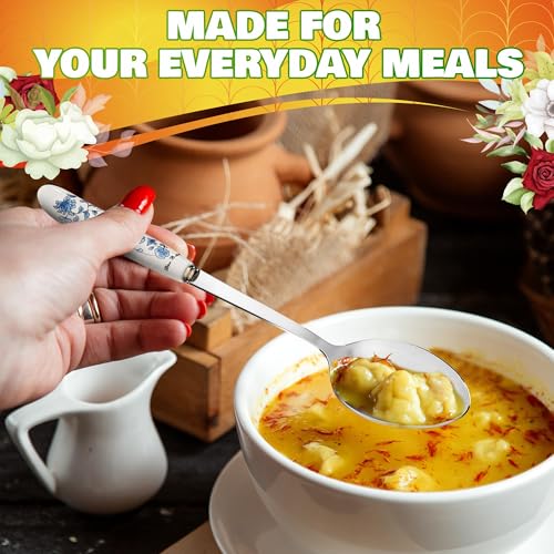 Tablespoons Set of 6, Ceramic Handle, Stainless Steel, Floral Design - color: 6 Pcs Floral Table Tablespoons Set