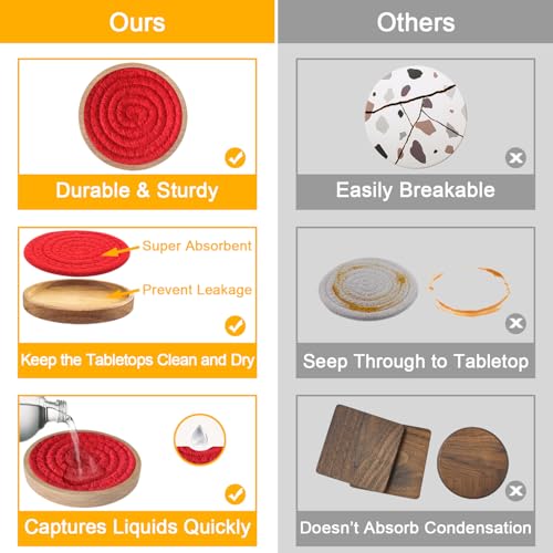 Wood Coasters for Drinks, Eykao Absorbent Coaster Sets of 5, Woven Drink Coasters for Coffee Table, Housewarming Gift for Farmhouse Home Decor,4 inches - color: Red (With Holder)