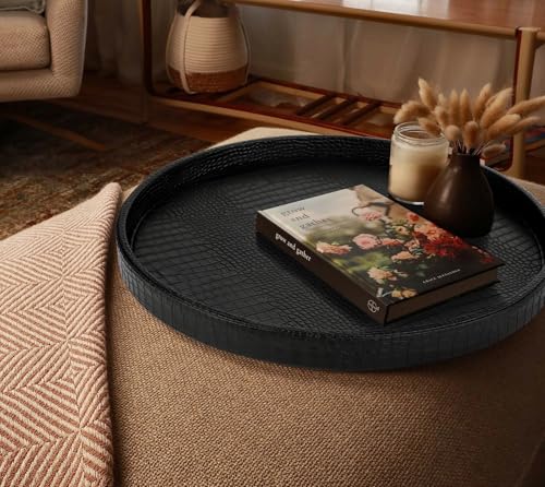 HofferRuffer Round Serving Tray 20'', Elegant Faux Leather Circle Ottoman Table Tray, Serve Tea Coffee Breakfast in Bedroom Living Room Kitchen (Classic Black) - color: Black, size: 20"