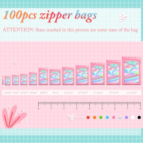 Funfery 100pcs Pink Mylar Holographic Bags-Resealable Zipper&Clear Window - color: Pink, size: 3.1 x 5.1 Inch