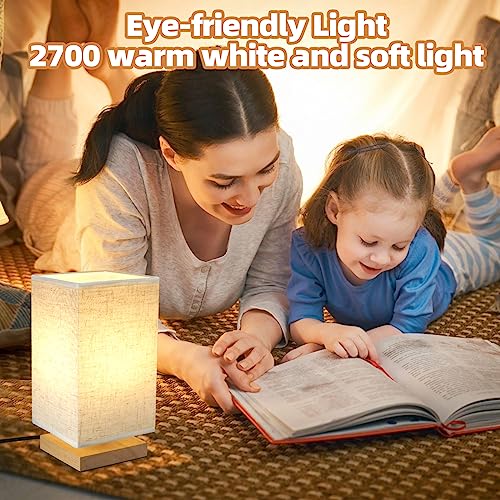 Small Square Bedside Table Lamp for Bedroom, Minimalist Wood Base & Round Fabric Shade, Mini Cute Cozy Warm Nightstand Boho Lamp, Study Desk Night Stand Light for Room, Dorm, Nursery, Living Room - size: Square - Set of 1
