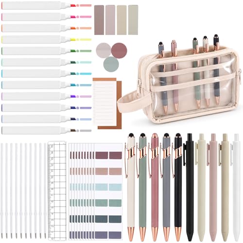 Crtiin 52 Pcs Aesthetic Pencil Pouch Set with Pen Highlighters, Beige - color: Beige