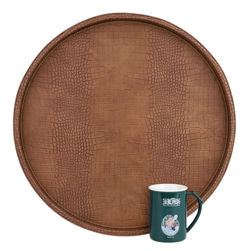 HofferRuffer Round Serving Tray 20'', Elegant Faux Leather Circle Ottoman Table Tray, Serve Tea Coffee Breakfast in Bedroom Living Room Kitchen (Brown) - color: Antique Brown, size: 20"