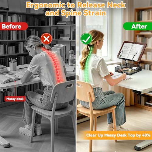 Adjustable Book Stand for Reading with Storage - 2-13" Height Hands-Free