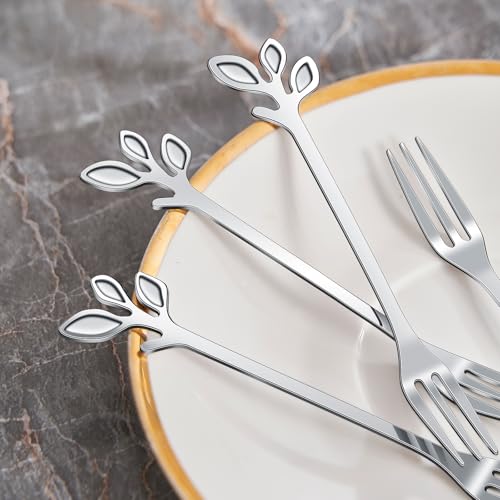 AnSaw 10-Piece Silver Leaf Dessert Forks Set - 4.7" Mini Cocktail Forks - color: Silver