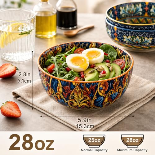 Cereal Bowls Set of 6, Bohemian Ceramic Soup Bowls, 28 oz Colorful Bowls Set for Kitchen, Dishwasher & Microwave Safe for Salad, Pasta, Rice, Oatmeal, Fruit
