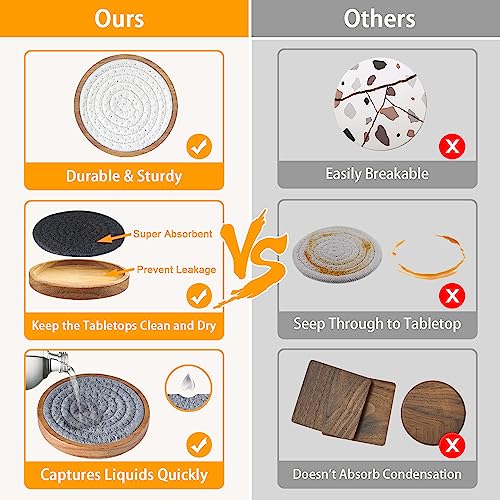 Wood Coasters for Drinks, Eykao Absorbent Coaster Sets of 5, Woven Drink Coasters for Coffee Table, Housewarming Gift for Farmhouse Home Decor,4 inches - color: Grey (With Holder)