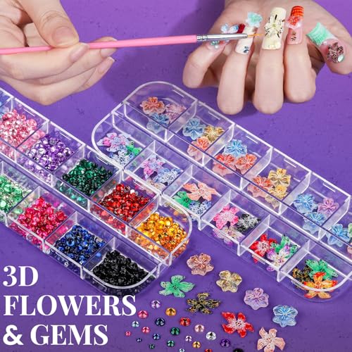 FANDAMEI Nail Charms and Nail Brushes, Nail Accessories Kit with 15 Pcs Nail Art Brushes, 6 Box Nail Charms and Gems, 10 Pcs Flower Nail Stickers, 5 Pcs Dotting Tools, Nail Art Kit with Nail Brush - color: pink
