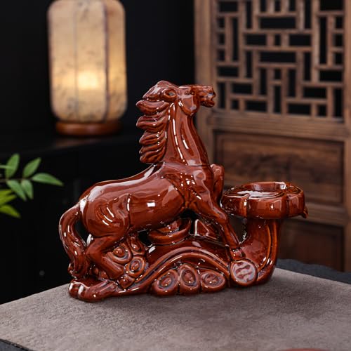 Chinese Gongfu Tea Set - Ceramic Teapot with Infuser, 8 Cups, Semi Automatic Horse Design for Loose Leaf Tea - color: Red Horse - A