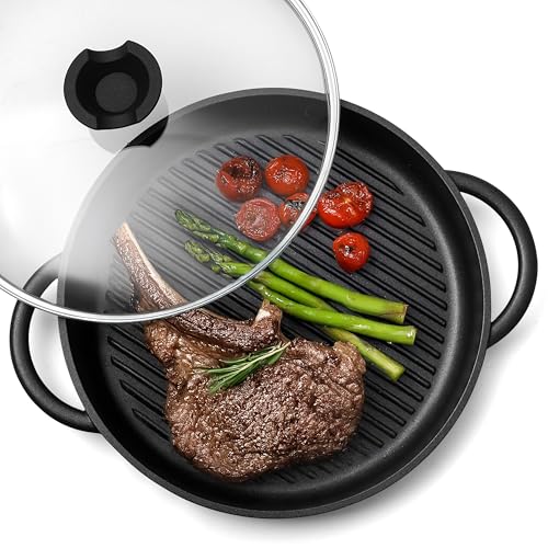 Moss & Stone 12" Grill Pan for Indoor Cooking, Nonstick Pan with Glass Lid - style: Round Indoor Grill Pan with Lid