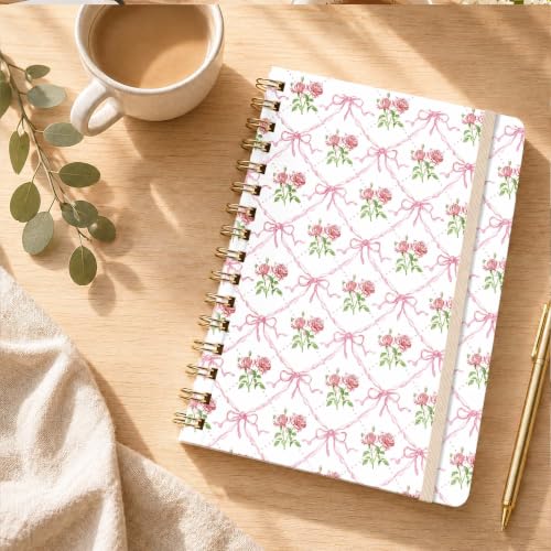 Pink Bow Lined Spiral Notebook, Pretty Hardcover Journal 6'' x 8.4'', Coquette Rose Notebook for Women, Writing, Journaling Gift - color: pink bow