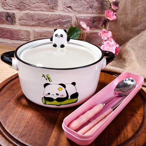 Porcelain Soup Bowl with Lid, Handles, Spoon and Chopsticks, 6'' Ramen Bowl - color: White