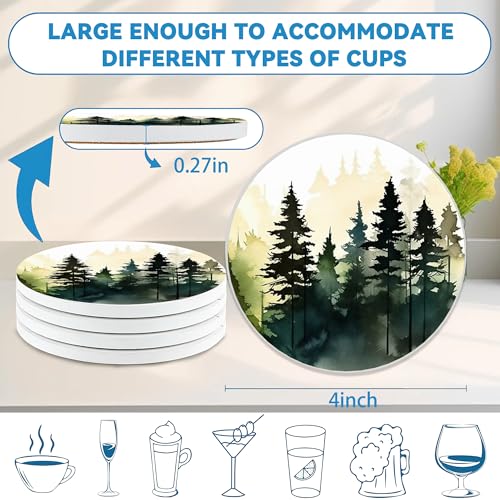 Misty Forest Coasters Set of 4 with Cork Backing, 4" Coaster Mat for Drinks, Cute Table Mat for Home Decor, Ideal Gifts for Women Men - color: Misty Forest