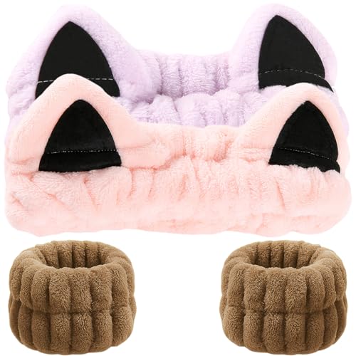 Spa Headband and Wristband Set, Skincare Makeup Headbands for Women Girl - color: Pink Purple + Khaki