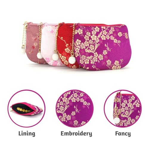 Handmade Women Coin Purse Brocade Rosary Bag Silk Jewelry Pouch Zipper Wallet - Magenta - color: Magenta