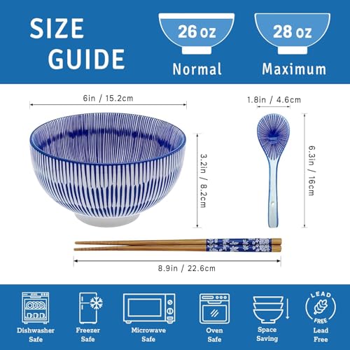 28Oz Ceramic Ramen Noodle Pho Bowl Set with Chopstick&Spoon&Gift box - size: 6in Dense Lined Pattern