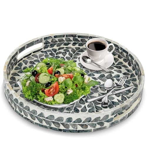 Serving Tray 12.5 Inch, Lacquer Mother of Pearl Inlay Mosaic Tray, Round Wooden Marble Tray with Handles Trays for Tea, Breakfast (Black Leaf) - color: Black Leaf