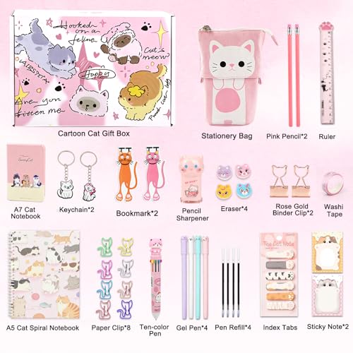 38Pcs Cute Cat Stationery Set, Kawaii School Supplies, Cat Lover Gifts Box