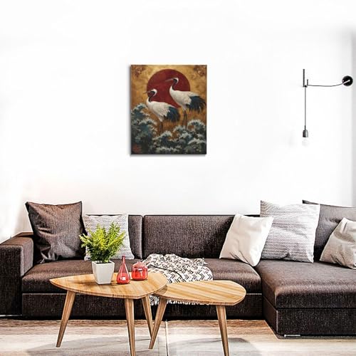 Japanese Crane Wall Art Gold Oriental Asian Wall Decor Sandhill Crane Canvas Pictures Paintings Prints Japan Traditional Aesthetic Artwork Framed Chinese Decorations For Bedroom Living Room Office Gifts 20" x 24" - color: Gold Crane, size: 24"L x 20"W