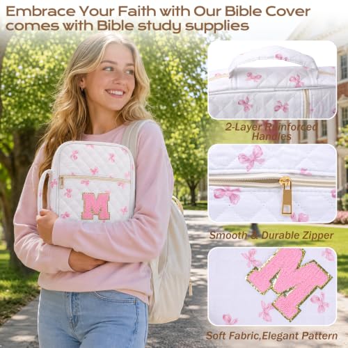 XKDOUS Bible Cover for Women Bible Bag Kit Church Book Holder Carrying Case - color: Pink Bow With Letter M