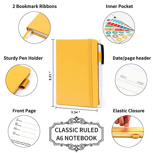 feela 6 Pack Pocket Mini Notebooks Bulk, Small Cute Memo Notepads Hardcover College Ruled Lined Journals with Pen Holder for School Business Work, with 6 Black Pens, 3.5”x 5.5”, A6, Yellow - color: 6 Yellow