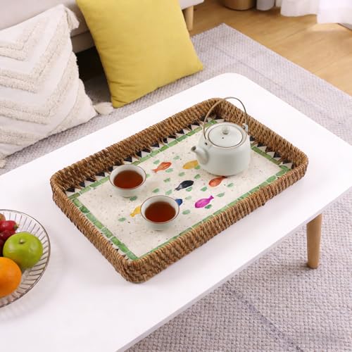 Rectangle Rattan Serving Tray with Mother of Pearl Inlay, Handwoven Wicker Tray for Frui Bread Breakfast Coffee Table Party Picnic Cafe Bedroom Kitchen Home Decor Set of 3 (Green Fish) - color: Green Fish