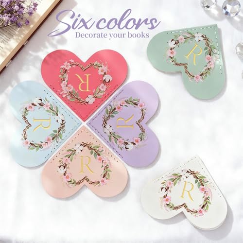 6 Pack Macaron Colorful Bookmarks,Heart Shape Leather Bookmark Set with Floral Initials,Cute UV Printed Design,Bulk Graduation Gifts for Students Teachers Book Lovers,Elegant Thank You Gift (R) - style: R