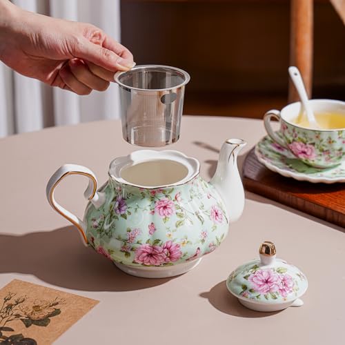 Flowers Ceramic Tea Set，Tea Sets for Adults, with Teapot, Spoons, Cup and Saucer for Tea Party (Green Flower) - color: Green Flower