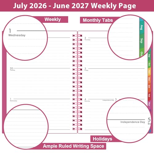 Planner 2026-2027 - 2026-2027 Academic Planner, 2026-2027 Planner Weekly and Monthly with Tabs, July 2026 - June 2026, 6.25" × 8.3", Strong Twin-Wire Binding - color: Rose Red