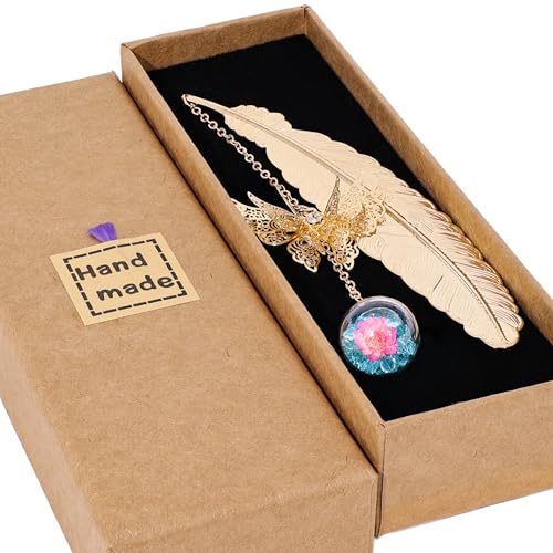 Toirxarn Metal Feather Bookmark, Back to School Teacher Gift for Women - color: Feather Gold - Light Blue Crystal With Pink Flower