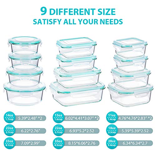 24pc Glass Food Storage Containers, Locking Lids，Glass Meal Prep Containers - color: Blue