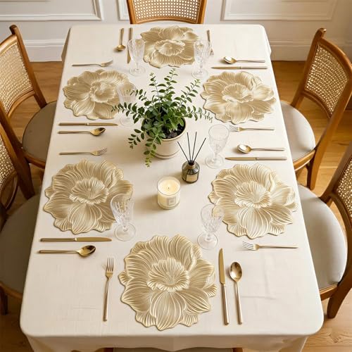 Quantum Love Camellia Gold Round Placemats Set of 6, 15 Inch PVC 3D Metallic Flower Table Mats, Wipeable Waterproof Non Slip Heat Resistant Placemats for Wedding Party Christmas Dining Table Decor - color: Gold Camellia