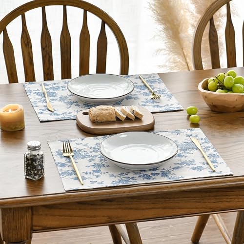 Pastoral 100% Polyester Fabric Placemats for Dining Table Set of 6 - color: A - Floral (Dark Blue), size: 13" x 19" (Rectangular)
