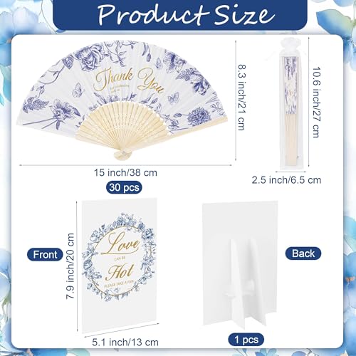 Aneco 30 Sets Blue Flower Wedding Folding Fans, Blue Floral Bamboo Handheld Folding Fans with Organza Bags Table Sign, Thank You Vintage Silk Handheld Fan for Bridal Shower Wedding Party Decorations - color: Blue Flowers